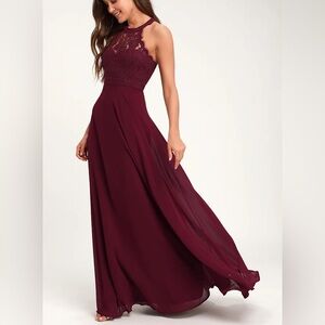 Lulu’s Dance All Evening Maxi Dress Lace Burgundy Halter Large Bridesmaid Prom